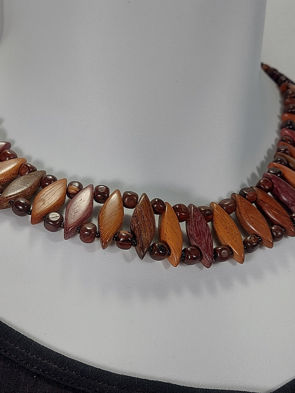 Handmade Vintage Teak Wood Necklace Multi-tone Boho Style Design